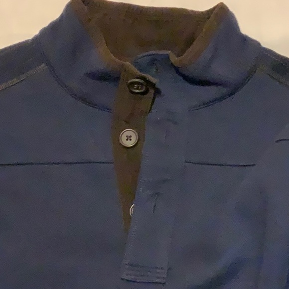 Men’s Navy Button Plaque Henley with Topstitching and  Brown Corduroy Trim - Picture 9 of 10